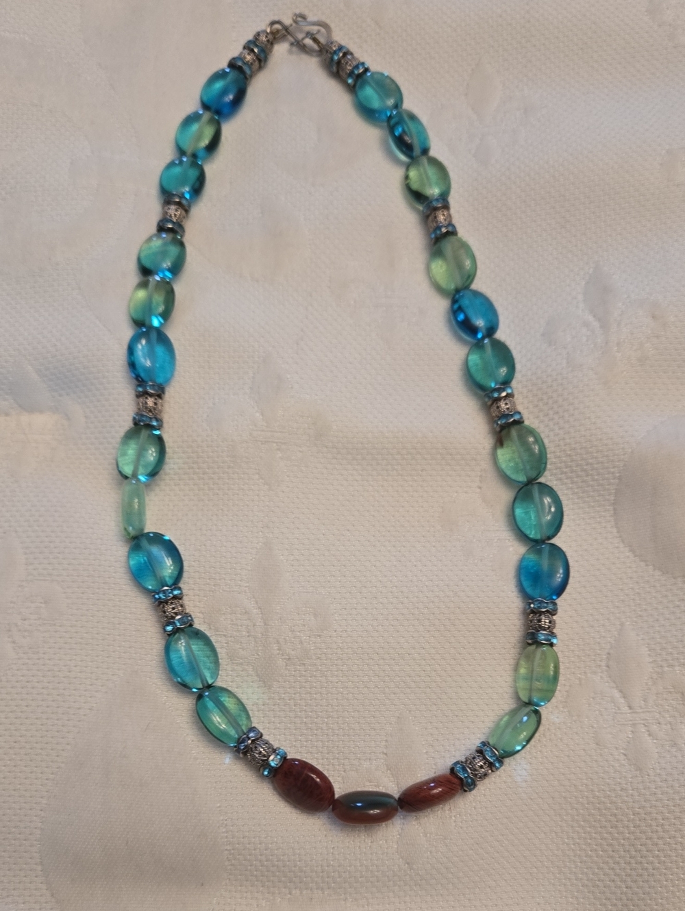 Handmade Blue-Green Glass Bead Necklace with Brown Accent